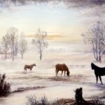 horses in a snowy field oil painting