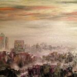 foggy city oil painting