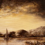 boat on lake oil painting
