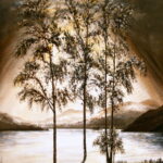 trees by a lake oil painting